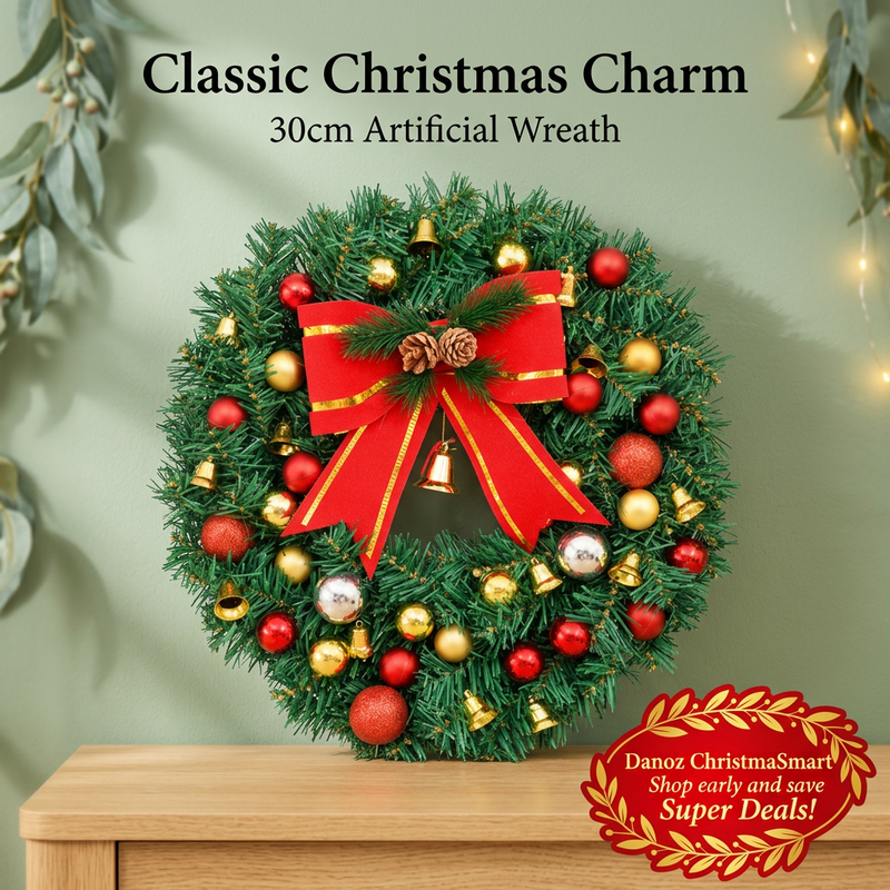 Unlit Christmas wreath showing red bow and decorative baubles on an oak console