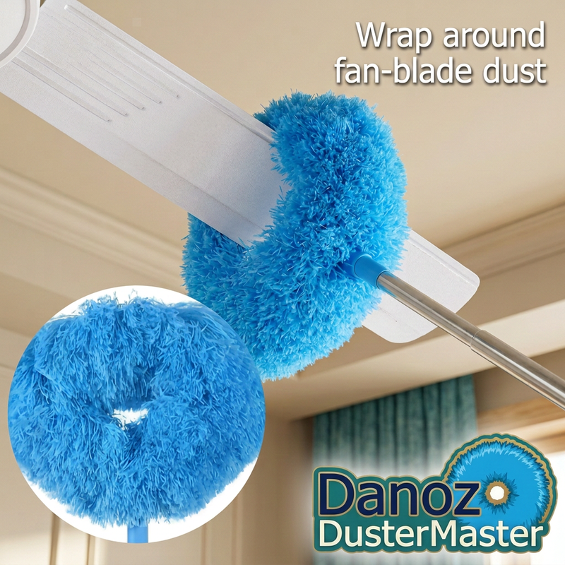 Blue microfibre ring wrapped around a stationary ceiling fan blade