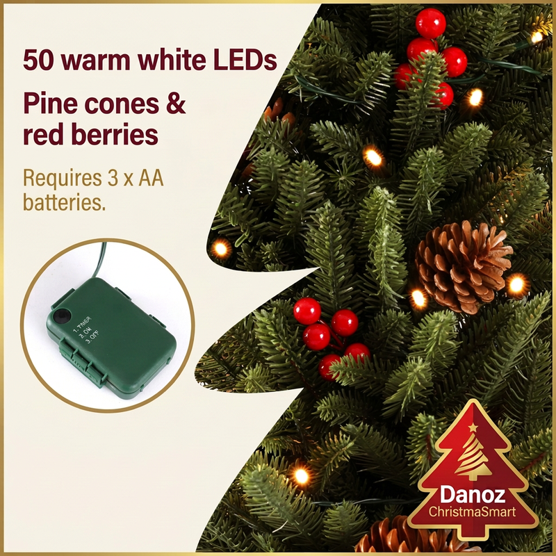 50 warm-white LEDs pine cones red berries and AA battery control box