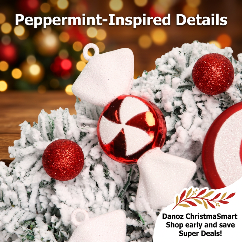 Peppermint-inspired ornament and red glitter-look baubles on frosted foliage