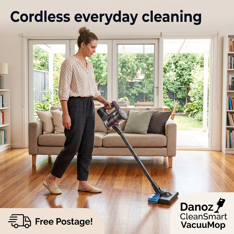 Woman using Danoz CleanSmart cordless VacuuMop in a real living room, with Free Postage