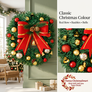 Classic Christmas colour with red bow, baubles and bells