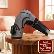 Grey massager on wooden table with dark red MassageSmart badge