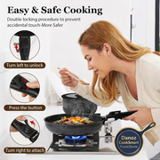 Woman holding FlavorStone detachable handle with original handle close-ups and bottom-right Danoz CookSmart badge