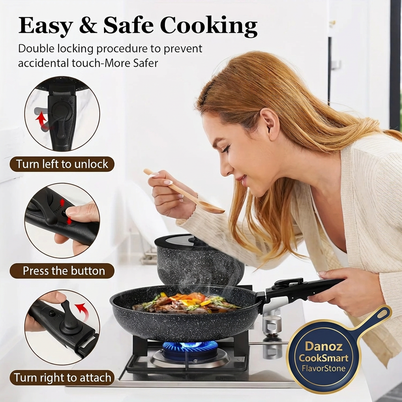 Woman holding FlavorStone detachable handle with original handle close-ups and bottom-right Danoz CookSmart badge