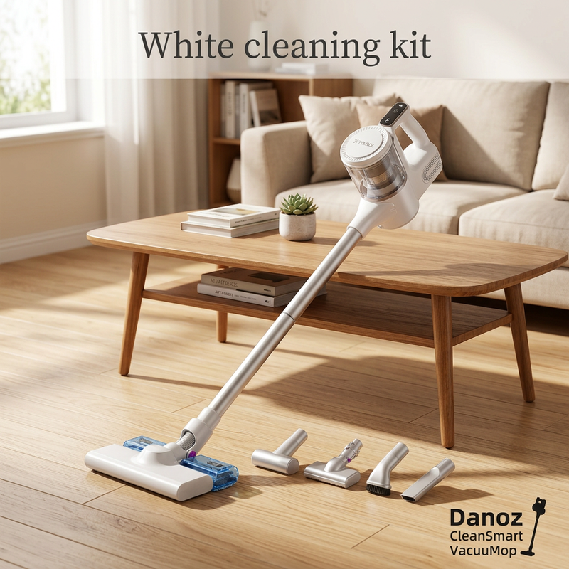 White Danoz CleanSmart vacuum and cleaning attachments in a living room
