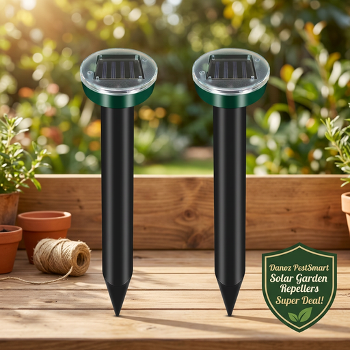 Danoz PestSmart two solar repeller stakes on a garden bench