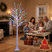 Family wrapping gifts beside RGB twig Christmas tree