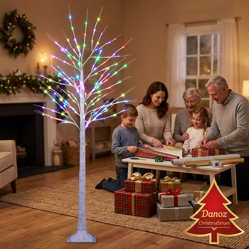 Family wrapping gifts beside RGB twig Christmas tree