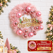 Pink bauble wreath on a light Christmas wall