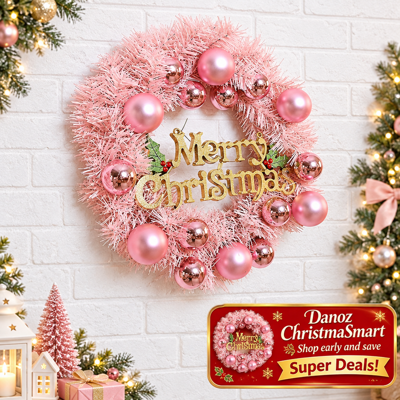 Pink bauble wreath on a light Christmas wall