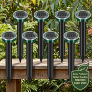 Danoz PestSmart eight solar repeller stakes on a garden bench