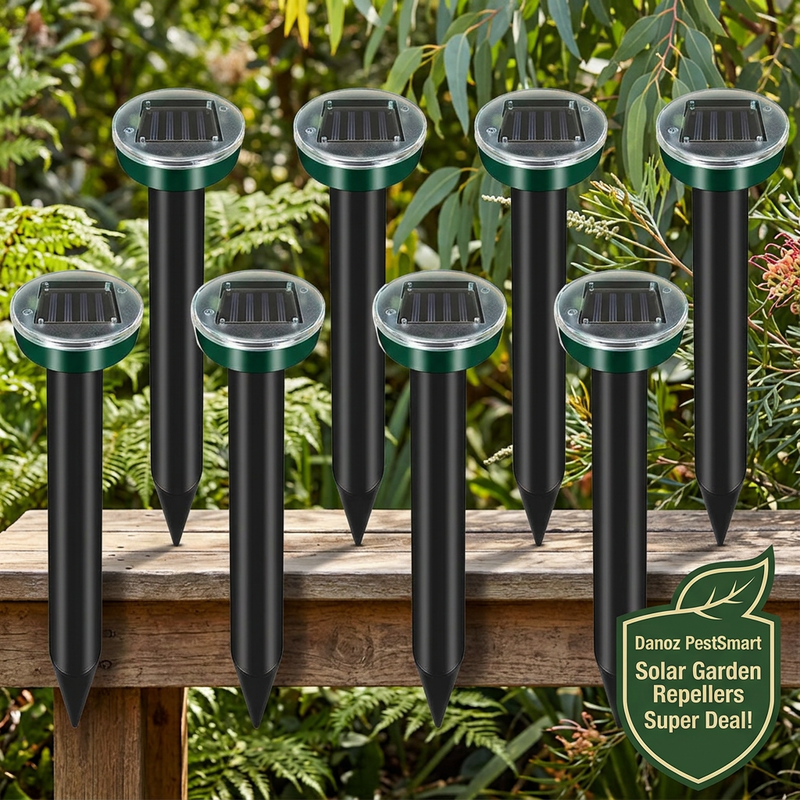 Danoz PestSmart eight solar repeller stakes on a garden bench