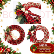 Fabric wreath collage including alternative red reindeer style