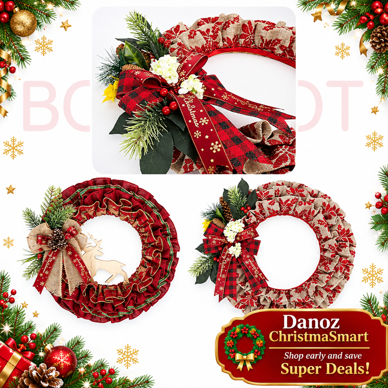 Fabric wreath collage including alternative red reindeer style