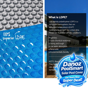Solar pool cover LDPE information with Danoz PoolSmart blue badge