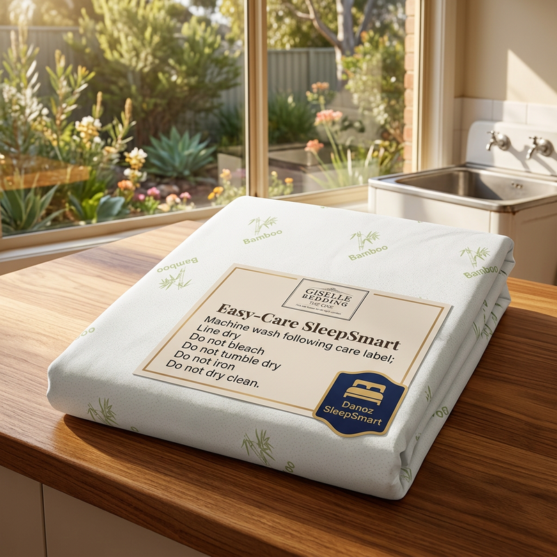Danoz SleepSmart mattress protector care guide in a bright laundry