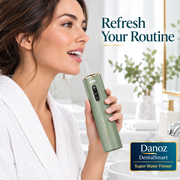 Woman demonstrating DentalSmart flosser at bathroom basin