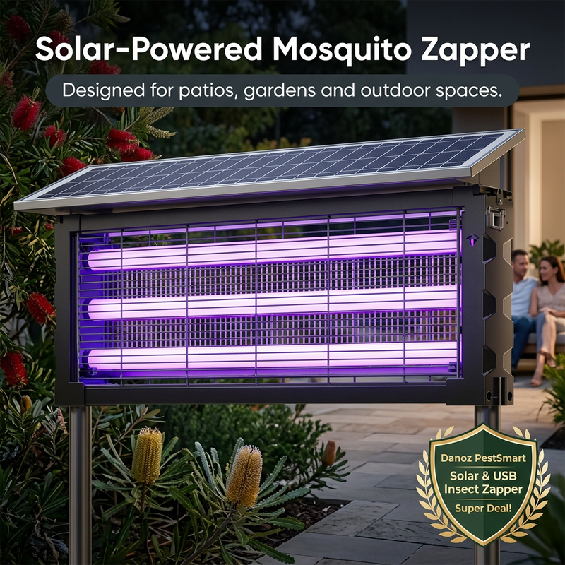 Solar insect zapper in a garden with adults relaxing