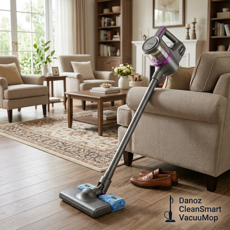 Danoz CleanSmart stick vacuum and blue mop attachment beside a sofa