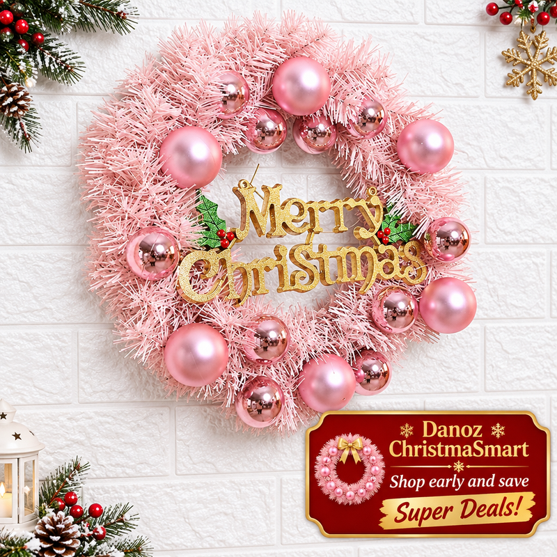 Pink wreath close view with gold Merry Christmas lettering