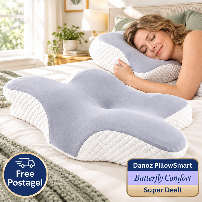 Woman side sleeping on PillowSmart butterfly pillow with Free Postage badge