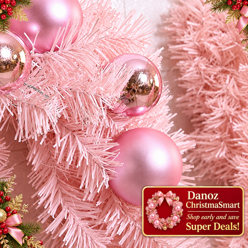 Pink artificial foliage and bauble detail