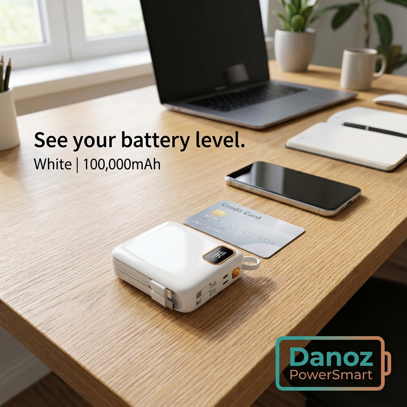 Compact White 100,000mAh PowerSmart power bank with digital display beside a card and phone