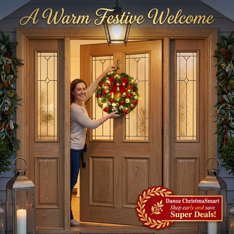 Woman hanging a lit Christmas wreath on an oak doorway at dusk