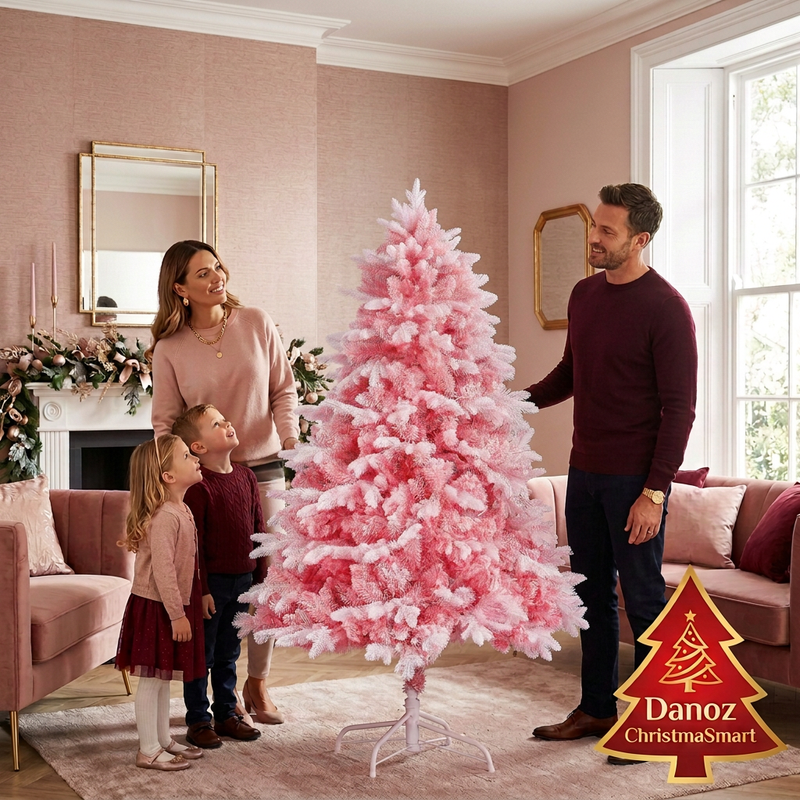 Parents and children admiring 1.8m pink snow-flocked tree