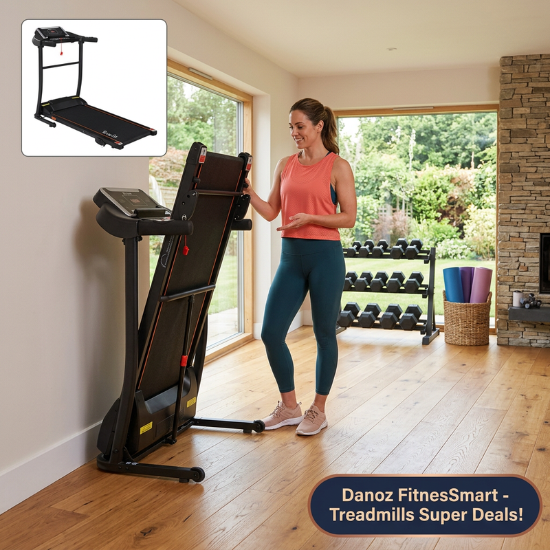 Woman demonstrating upright folded storage of the Everfit treadmill