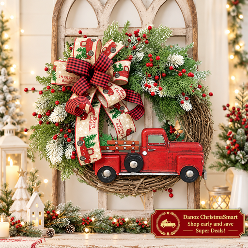 Red truck wreath in a light festive wall display
