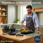 Man stirring vegetables with the FlavorStone pan resting on the hob and full click-lock handle visibly attached