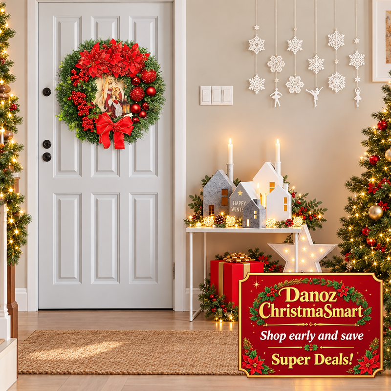 Nativity wreath on a light festive interior door