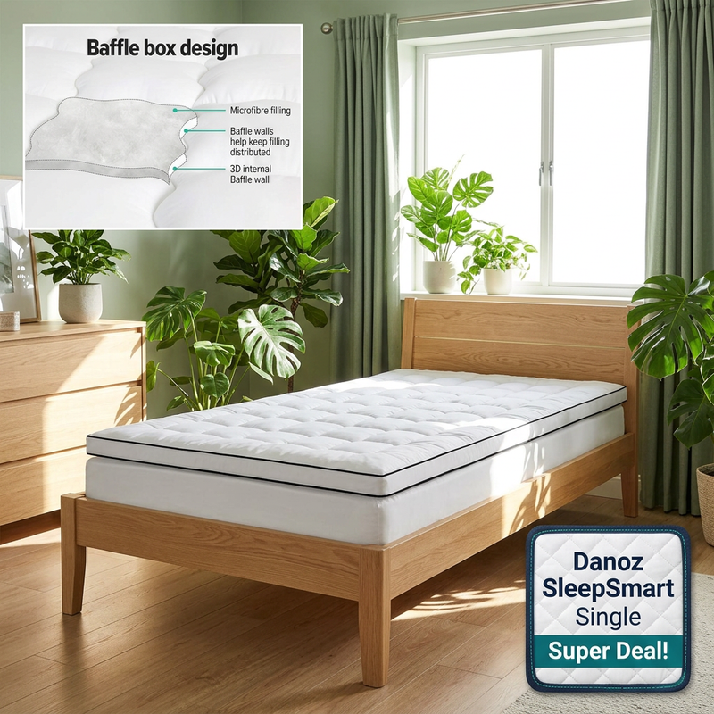 🛌 Danoz SleepSmart | Giselle Bedding Single Mattress Topper | 500GSM Microfibre | 5cm Pillow Top Comfort | Free Postage!
