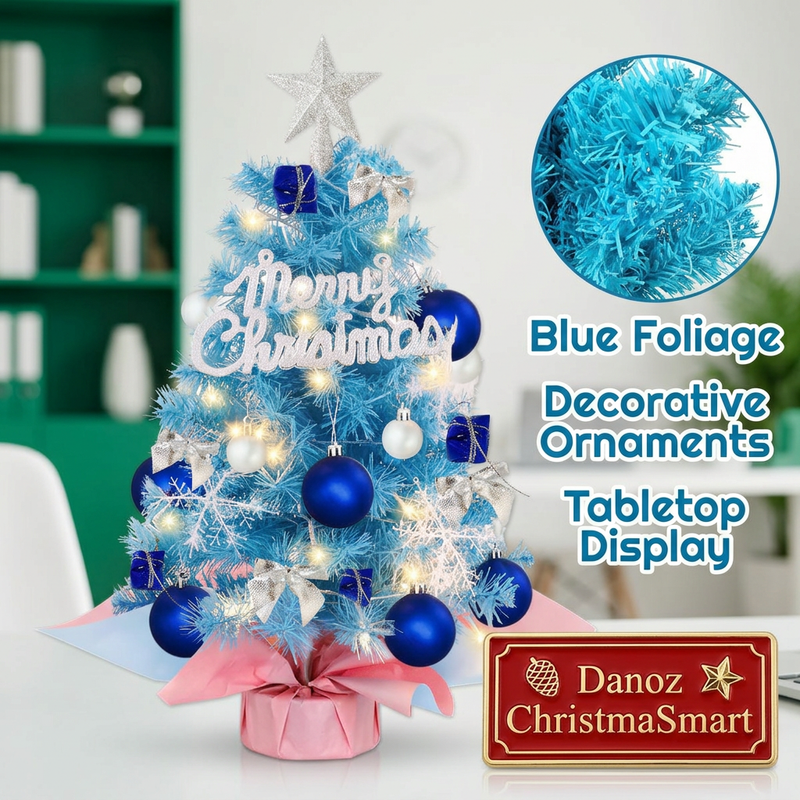 🎄 Danoz ChristmaSmart | Mini Blue Christmas Tree | LED String Lights & Decorative Ornaments | Tabletop Festive Sparkle | Free Postage!