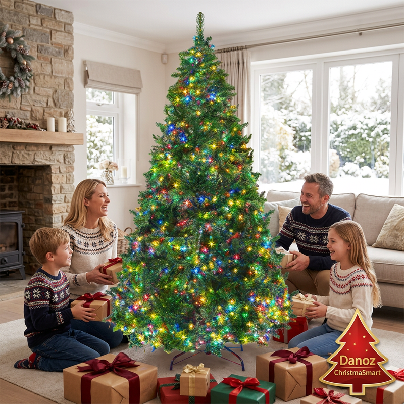 Parents and kids exchanging Christmas gifts beside the illuminated tree