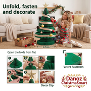 Family decorating the pop-up tree and setup details