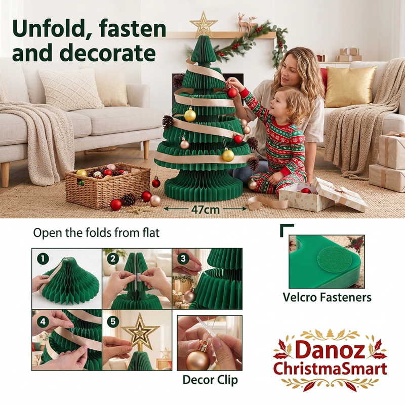 Family decorating the pop-up tree and setup details