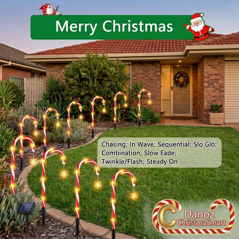 🎄 Danoz ChristmaSmart | Solar Candy Cane Garden Lights | Hanging Stars & 8 Modes | 5 or 8 Piece Set | Free Postage!