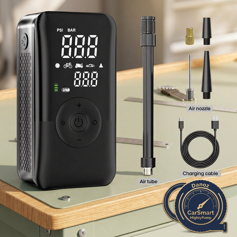 MightyPump inflator air hose charging cable and air nozzle details