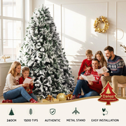 Family reading Christmas cards beside snow-flocked tree with 1500 tips feature panel