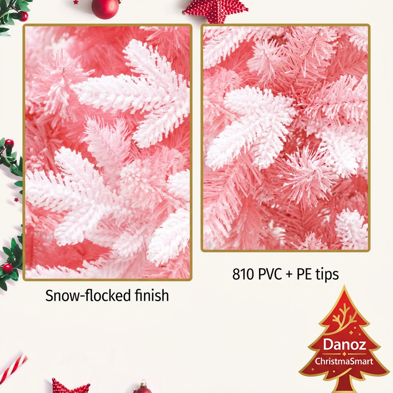 Snow-flocked pink and white PVC and PE foliage closeups