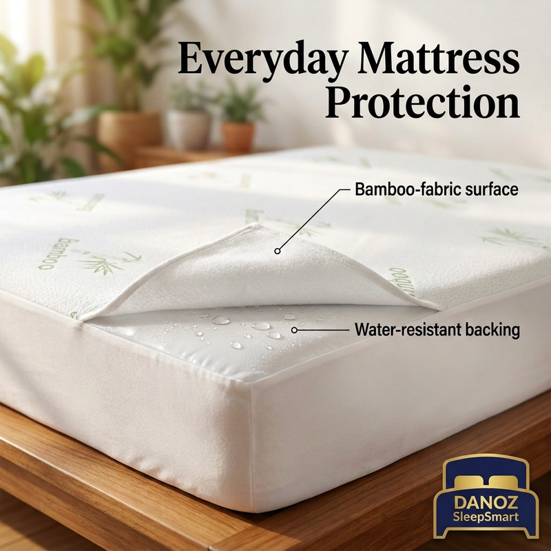 King protector bamboo surface and water-resistant backing with corrected SleepSmart badge