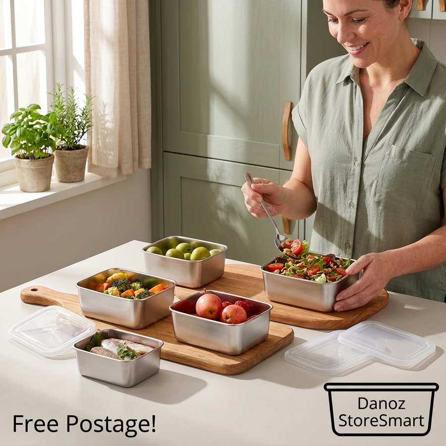 Woman preparing food in five StoreSmart steel containers, Free Postage