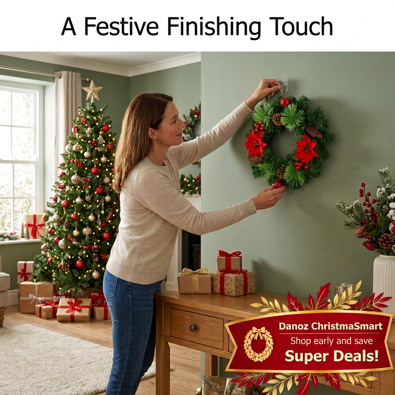 Woman hanging poinsettia wreath in Christmas living room