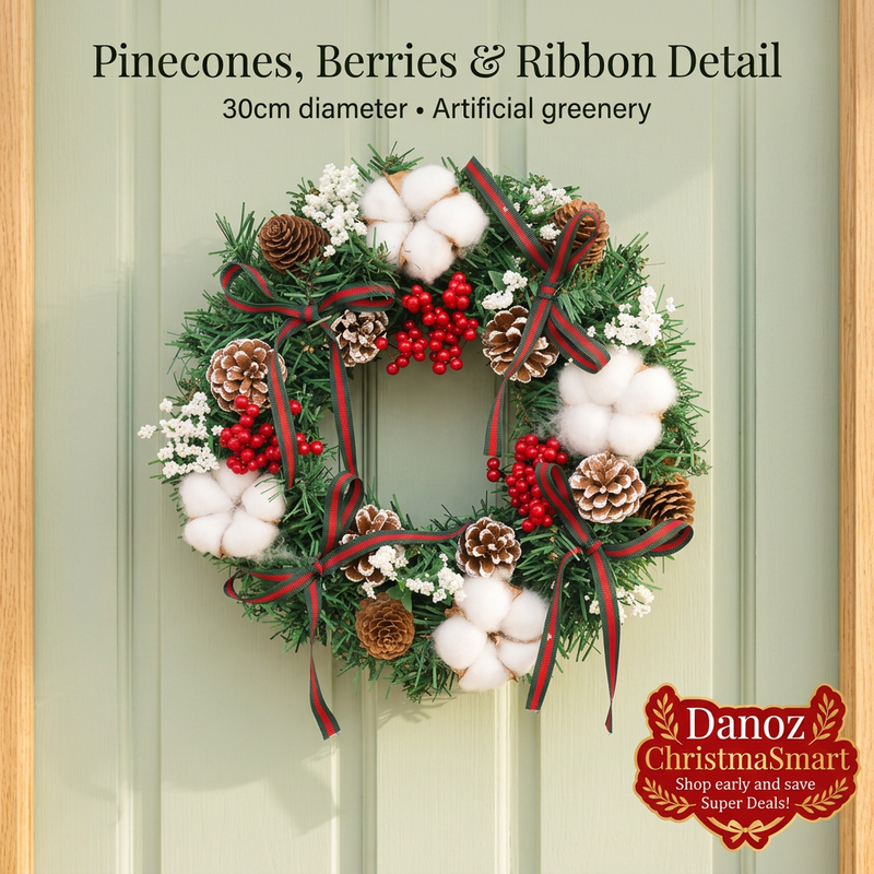 ChristmaSmart artificial wreath pinecone, red berry, white accent and ribbon details