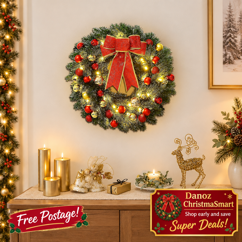 30cm LED wreath with red bow and Free Postage bottom left