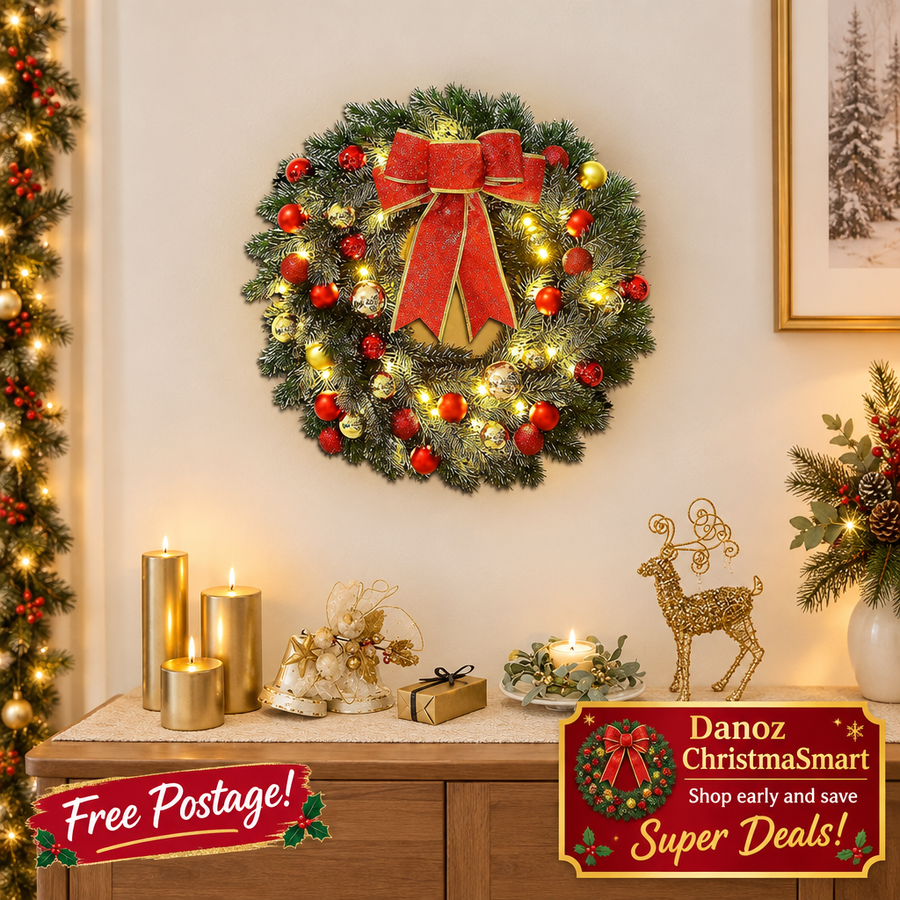 30cm LED wreath with red bow and Free Postage bottom left