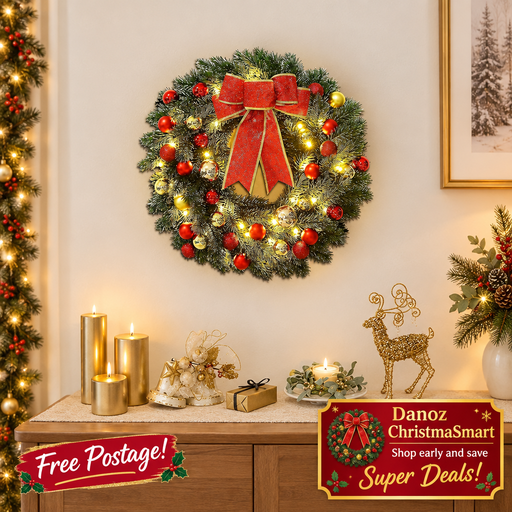 30cm LED wreath with red bow and Free Postage bottom left